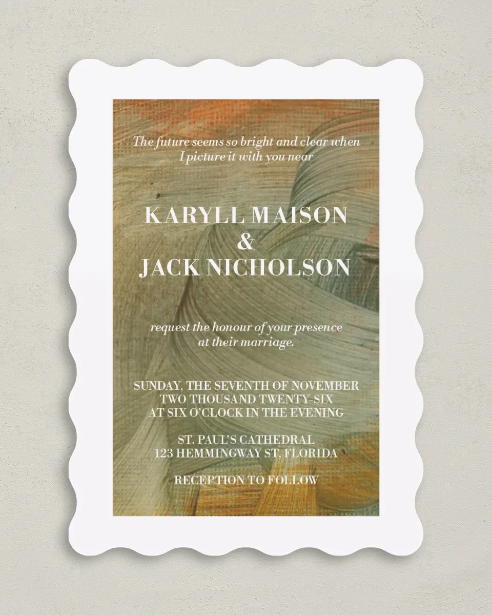 This is a 5" x 7" Wavy Wedding Invitation called Sunset Splendor printed in full color on Premium Smooth paper