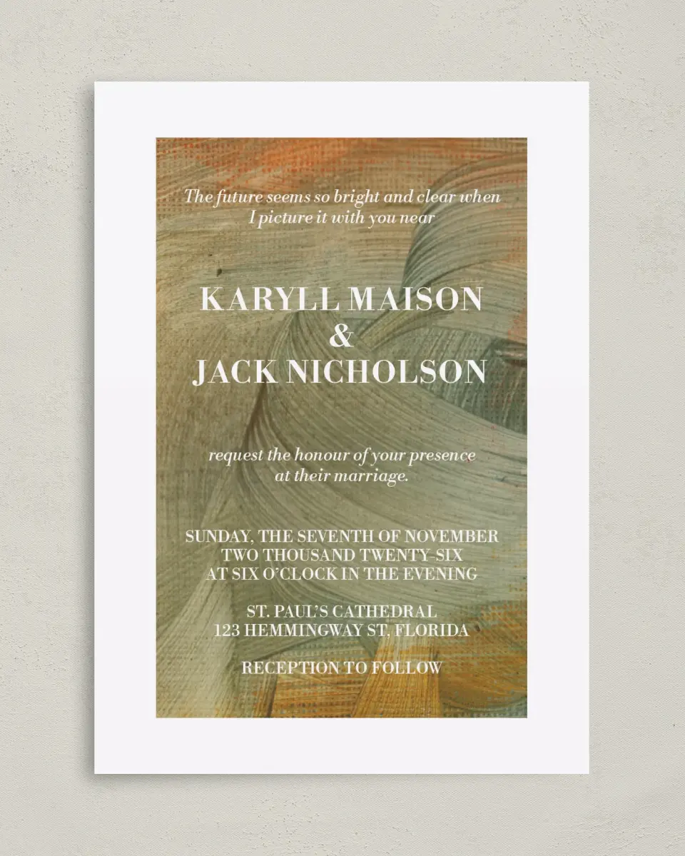 This is a 5" x 7" Classic Wedding Invitation called Sunset Splendor printed in full color on Premium Smooth paper
