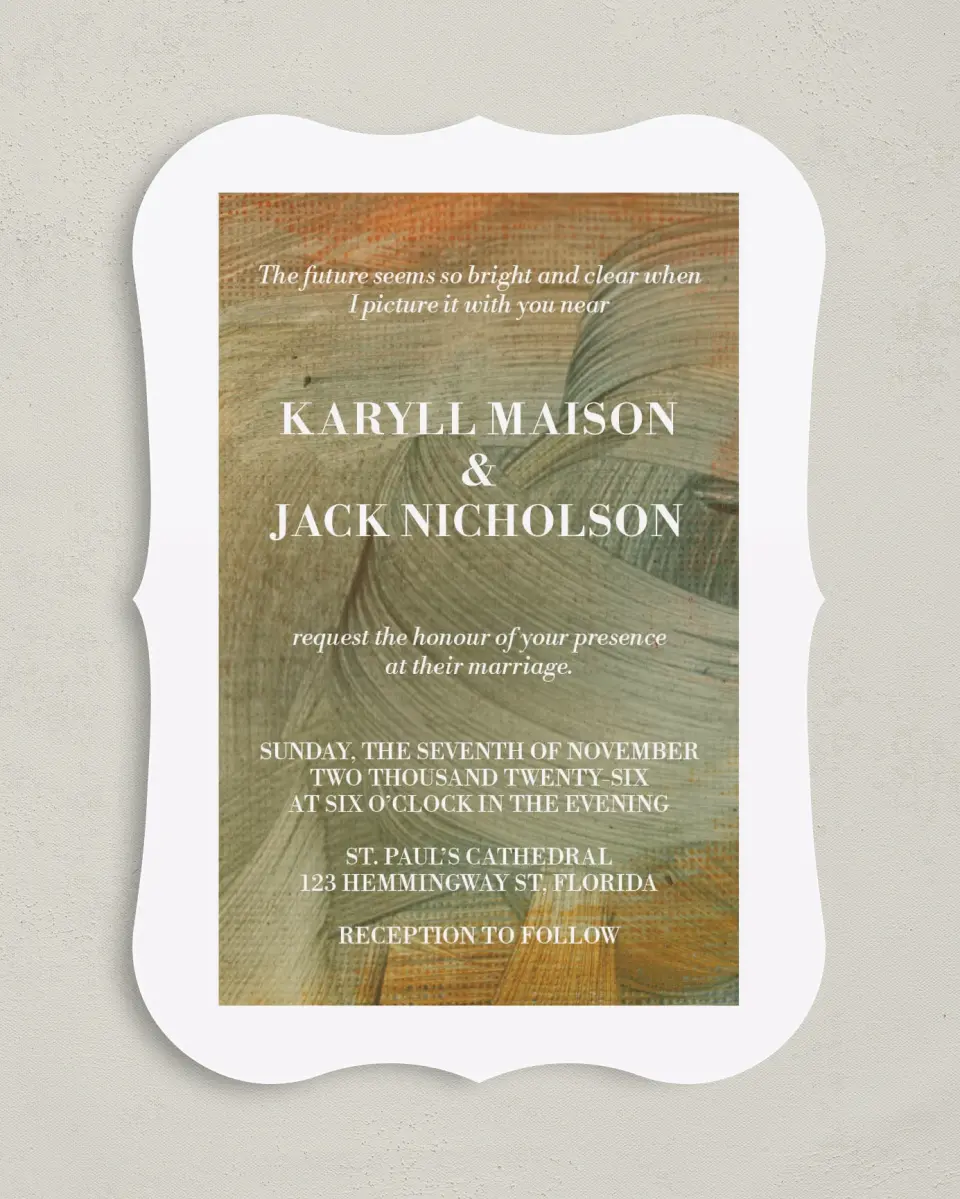 This is a 5" x 7" Bracket Wedding Invitation called Sunset Splendor printed in full color with Silver foil on Luxe Satin (coated) paper