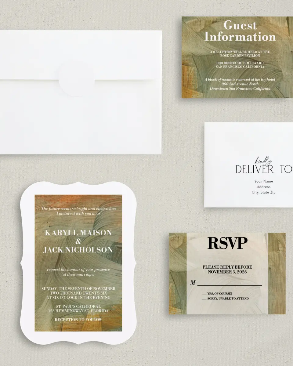 This is a 5" x 7" Bracket Wedding Invitation called Sunset Splendor printed in full color with Silver foil on Luxe Satin (coated) paper