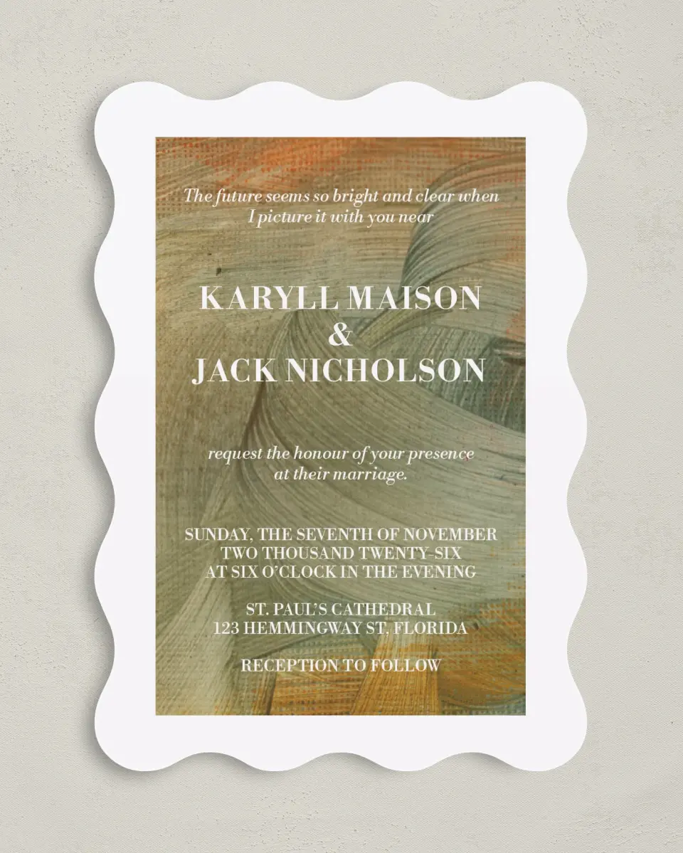 This is a 5" x 7" Wavy Wedding Invitation called Sunset Splendor printed in full color on Premium Smooth paper
