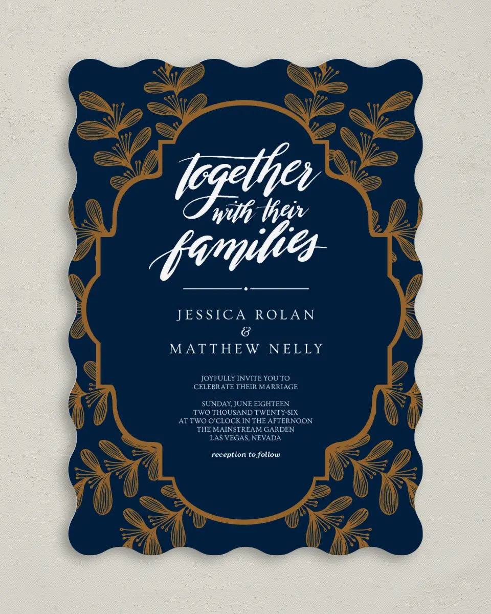 This is a 5" x 7" Wavy Wedding Invitation called Midnight Shimmer printed in full color on Premium Smooth paper