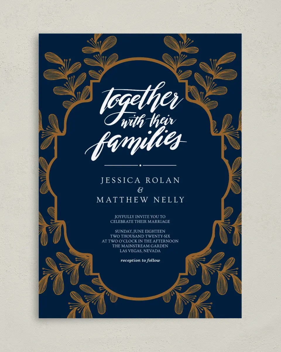 This is a 5" x 7" Classic Wedding Invitation called Midnight Shimmer printed in full color with Gold foil on Luxe Satin (coated) paper