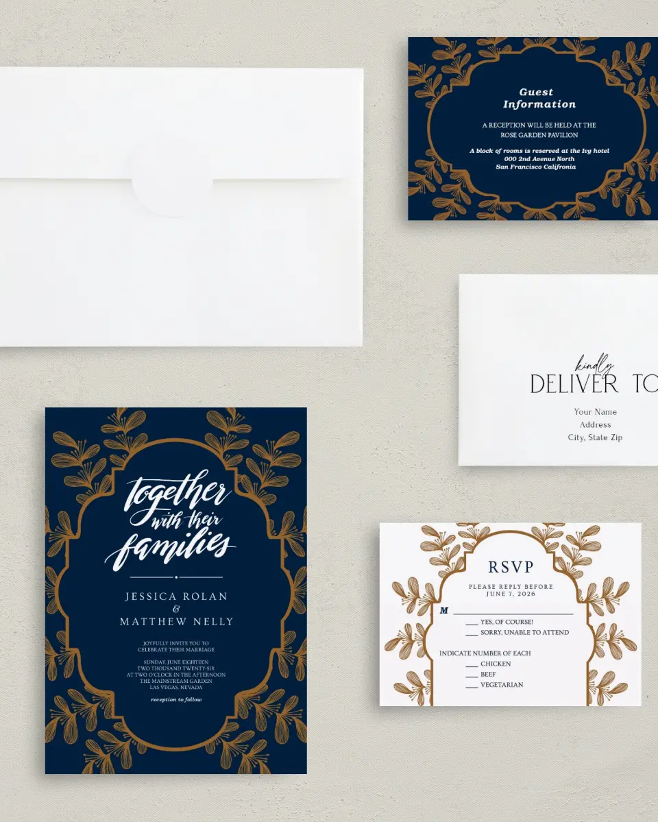 This is a 5" x 7" Classic Wedding Invitation called Midnight Shimmer printed in full color with Gold foil on Luxe Satin (coated) paper
