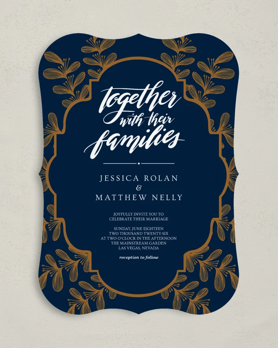 This is a 5" x 7" Bracket Wedding Invitation called Midnight Shimmer printed in full color with Silver foil on Luxe Satin (coated) paper
