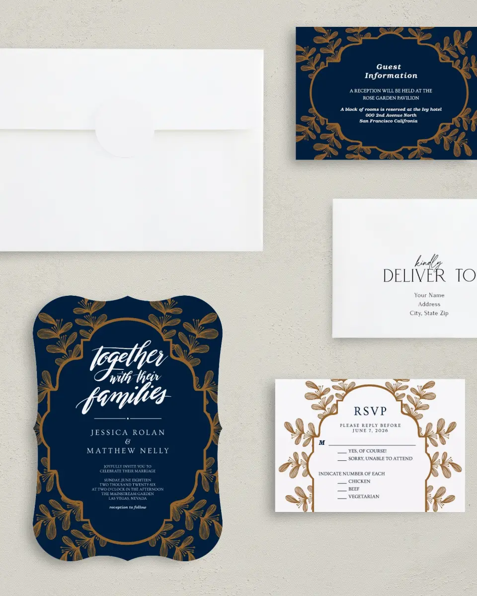 This is a 5" x 7" Bracket Wedding Invitation called Midnight Shimmer printed in full color with Silver foil on Luxe Satin (coated) paper