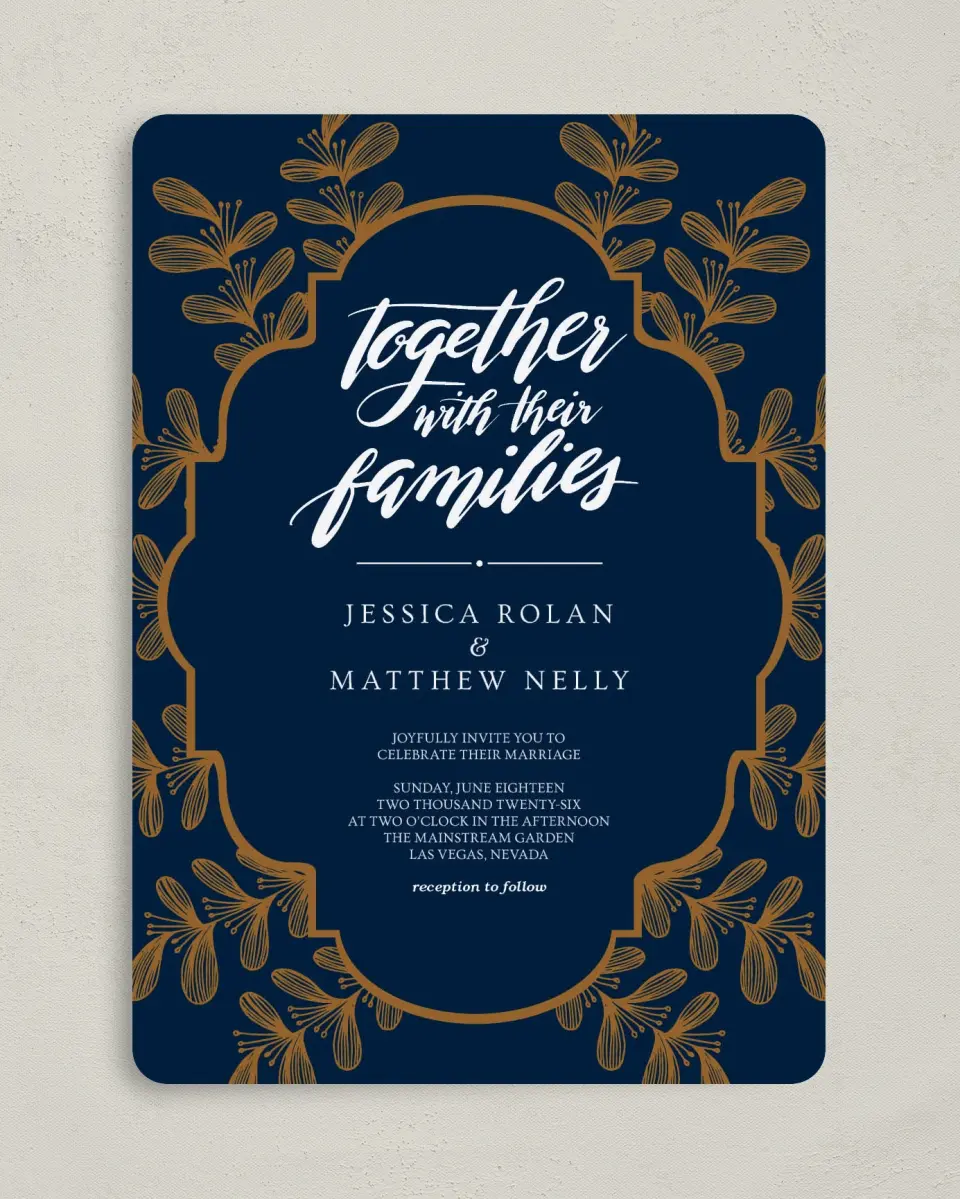 This is a 5" x 7" Rounded Wedding Invitation called Midnight Shimmer printed in full color on Premium Smooth paper