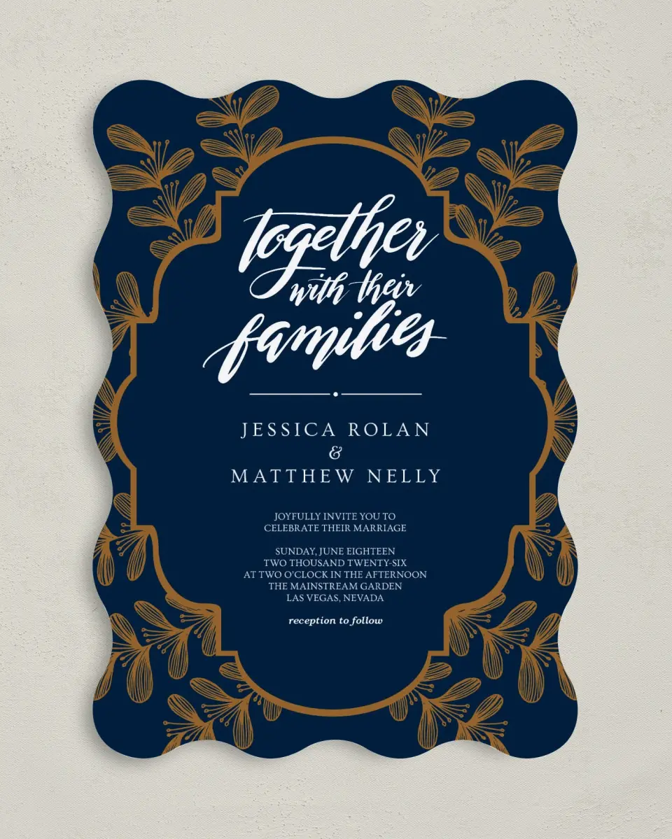 This is a 5" x 7" Wavy Wedding Invitation called Midnight Shimmer printed in full color with Gold foil on Luxe Satin (coated) paper