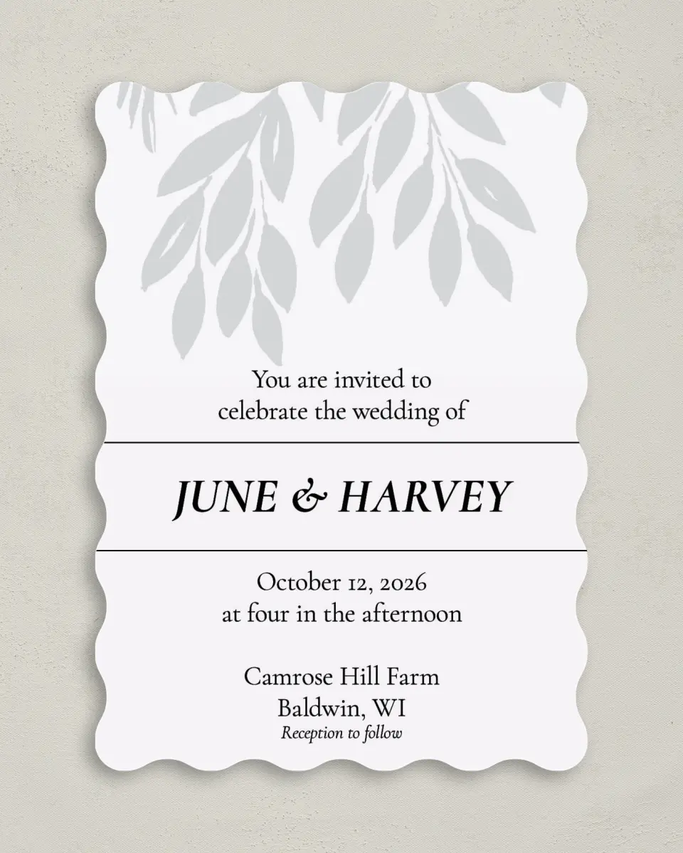 This is a 5" x 7" Wavy Wedding Invitation called Leafy Wonder printed in full color on Premium Smooth paper