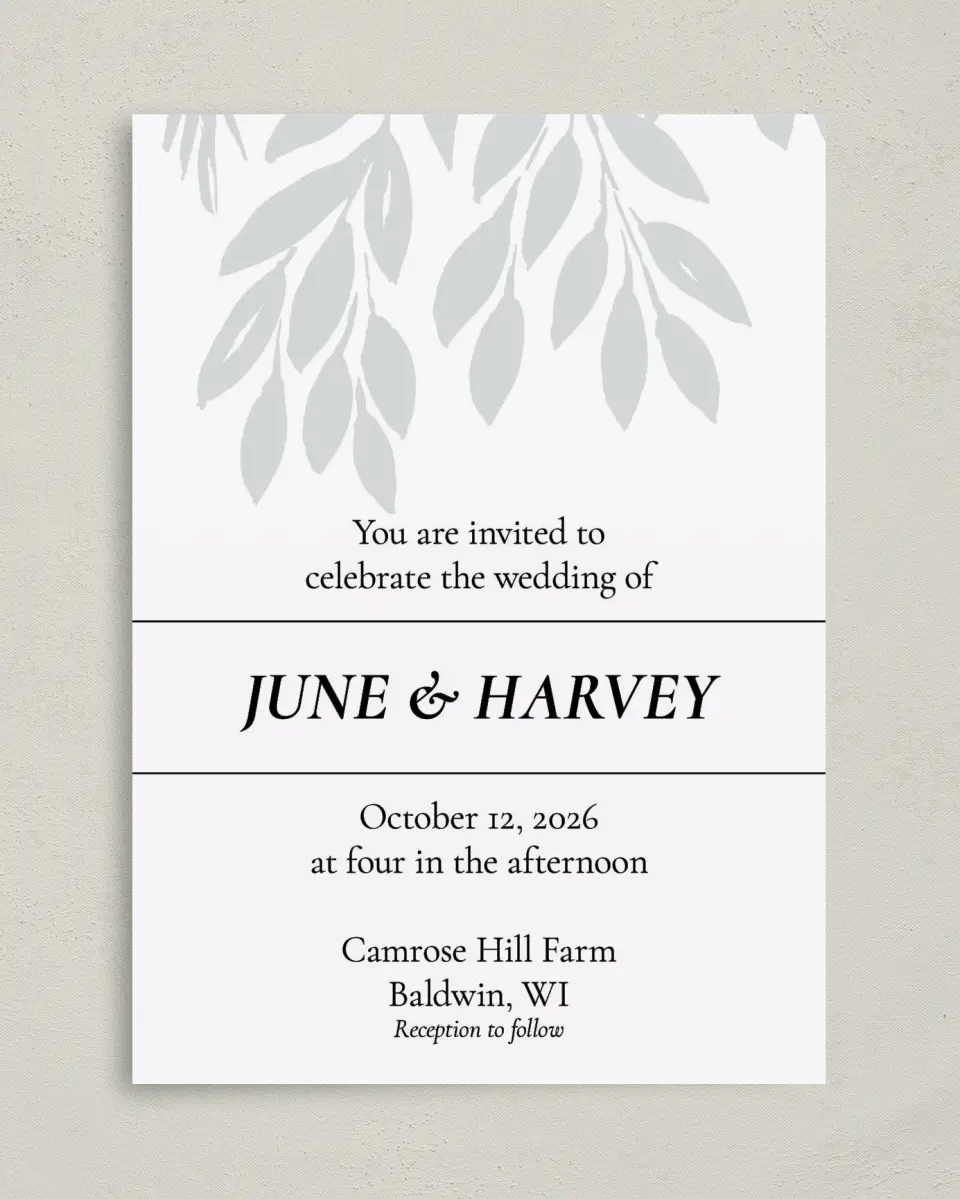 This is a 5" x 7" Classic Wedding Invitation called Leafy Wonder printed in full color with Gold foil on Luxe Satin (coated) paper