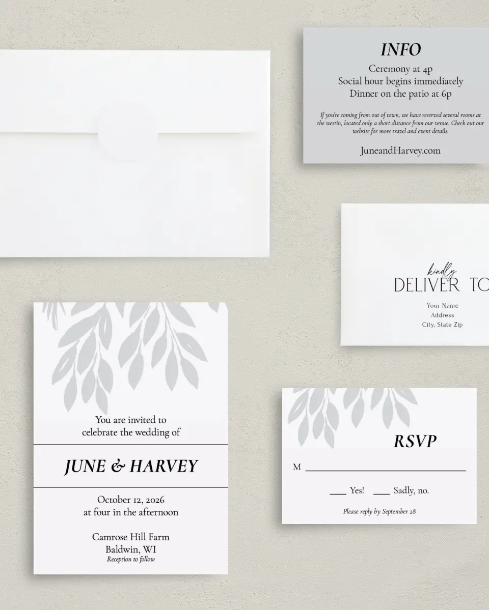 This is a 5" x 7" Classic Wedding Invitation called Leafy Wonder printed in full color with Gold foil on Luxe Satin (coated) paper