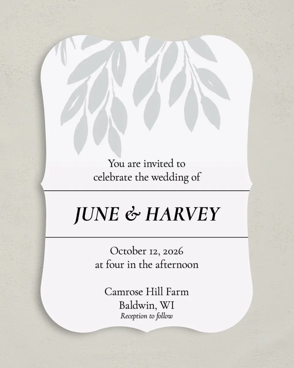 This is a 5" x 7" Bracket Wedding Invitation called Leafy Wonder printed in full color with Silver foil on Luxe Satin (coated) paper