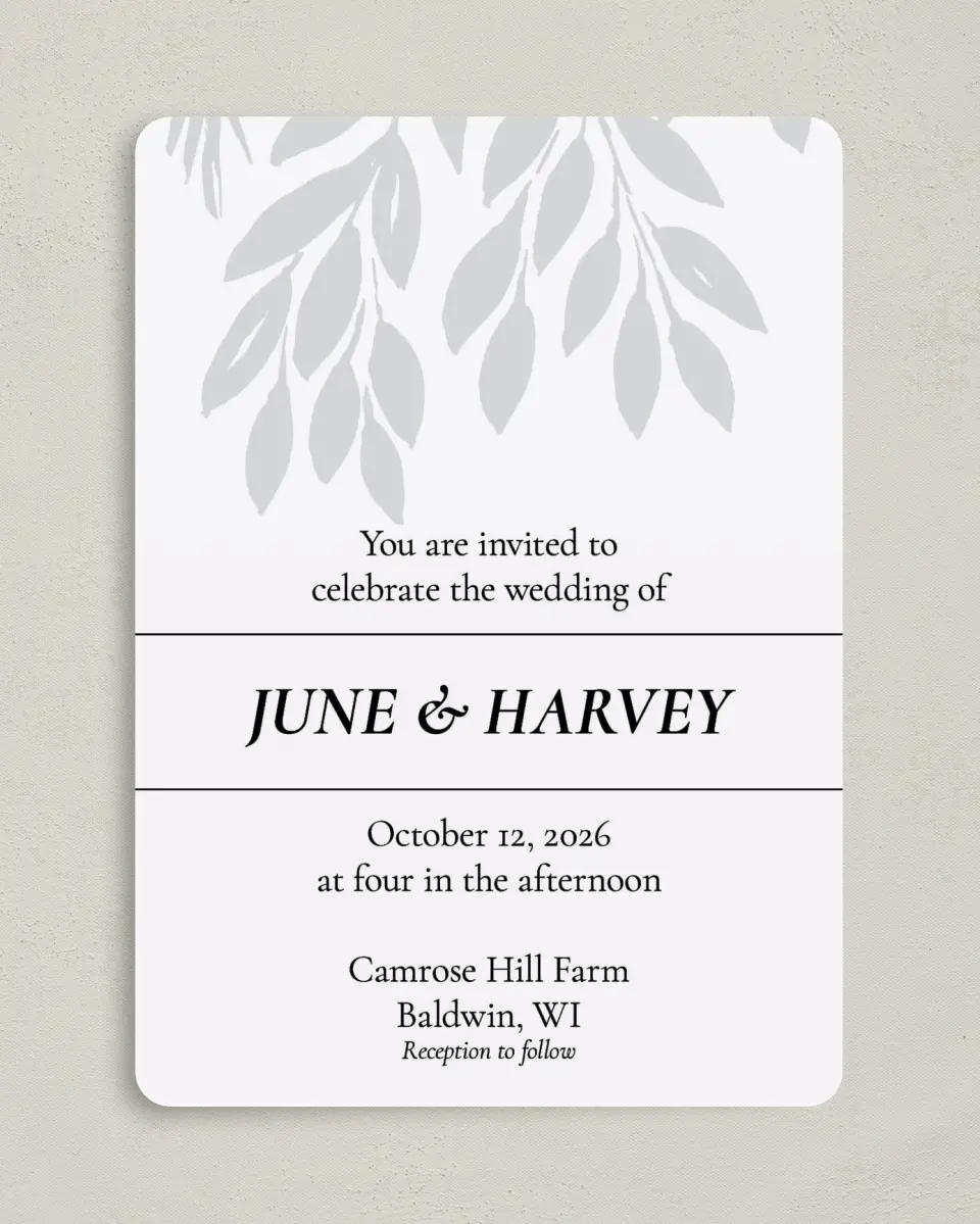 This is a 5" x 7" Rounded Wedding Invitation called Leafy Wonder printed in full color on Premium Smooth paper