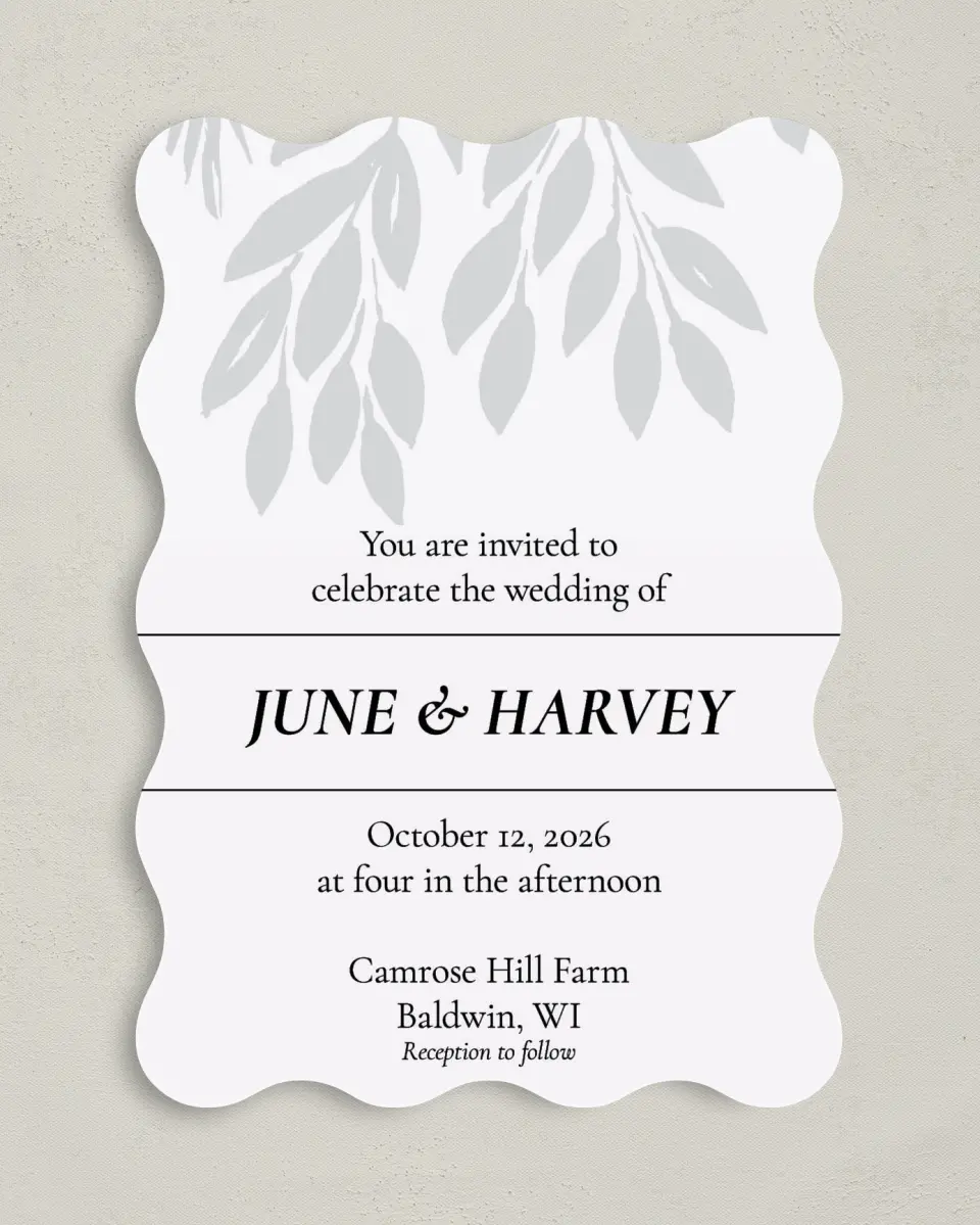 This is a 5" x 7" Wavy Wedding Invitation called Leafy Wonder printed in full color on Premium Smooth paper