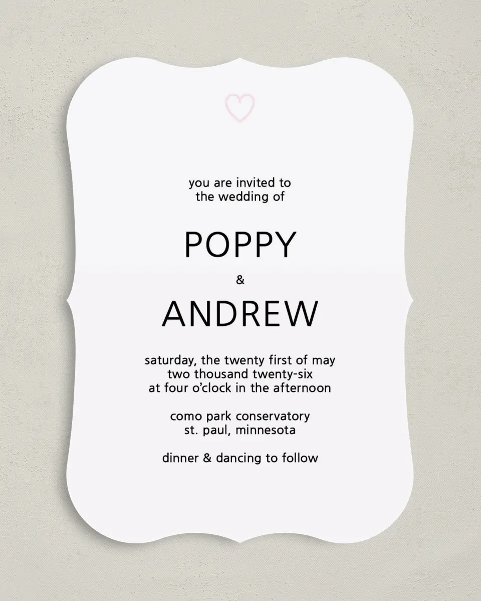 This is a 5" x 7" Bracket Wedding Invitation called Delightful Stripes printed in full color with Silver foil on Luxe Satin (coated) paper