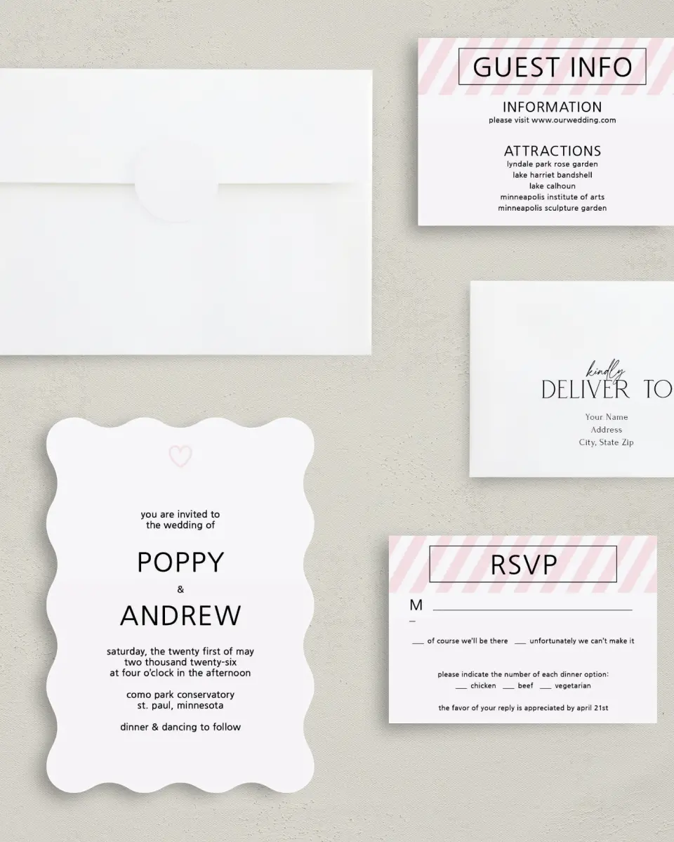 This is a 5" x 7" Wavy Wedding Invitation called Delightful Stripes printed in full color with Gold foil on Luxe Satin (coated) paper