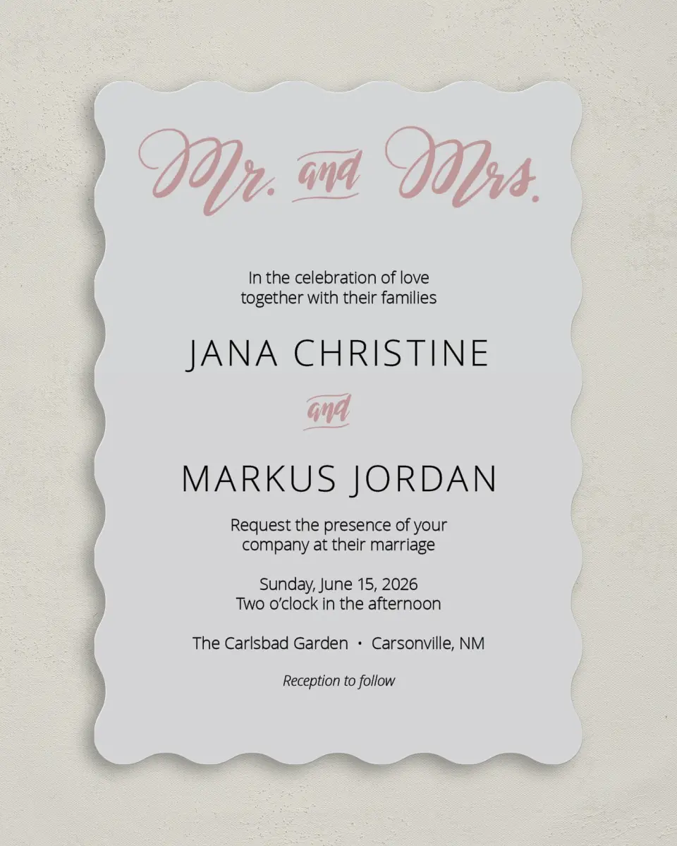This is a 5" x 7" Wavy Wedding Invitation called Botanical Burst printed in full color on Premium Smooth paper