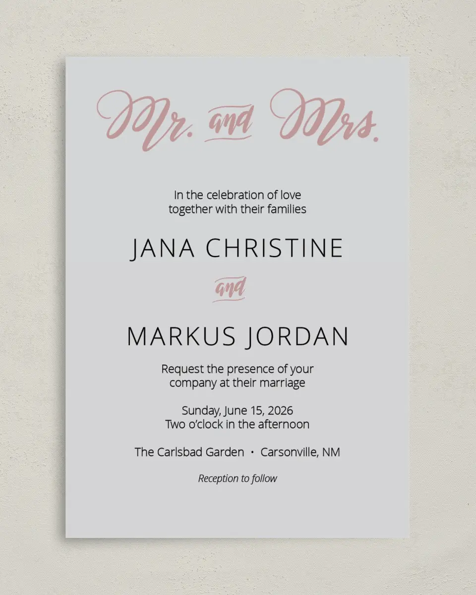 This is a 5" x 7" Classic Wedding Invitation called Botanical Burst printed in full color with Gold foil on Luxe Satin (coated) paper