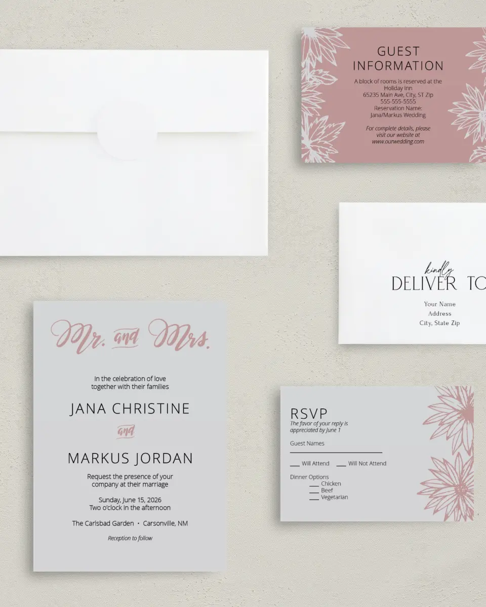 This is a 5" x 7" Classic Wedding Invitation called Botanical Burst printed in full color with Gold foil on Luxe Satin (coated) paper