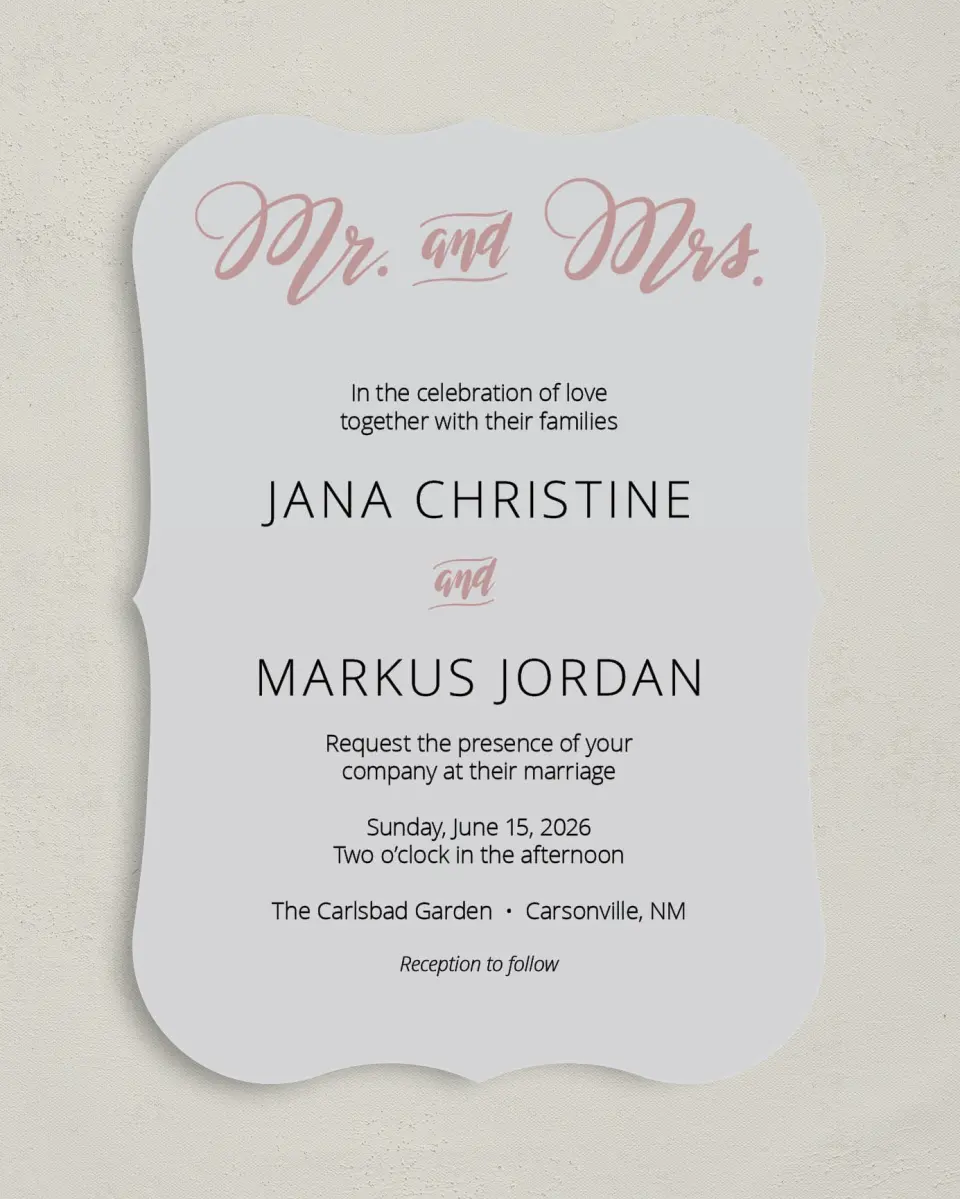 This is a 5" x 7" Bracket Wedding Invitation called Botanical Burst printed in full color with Silver foil on Luxe Satin (coated) paper
