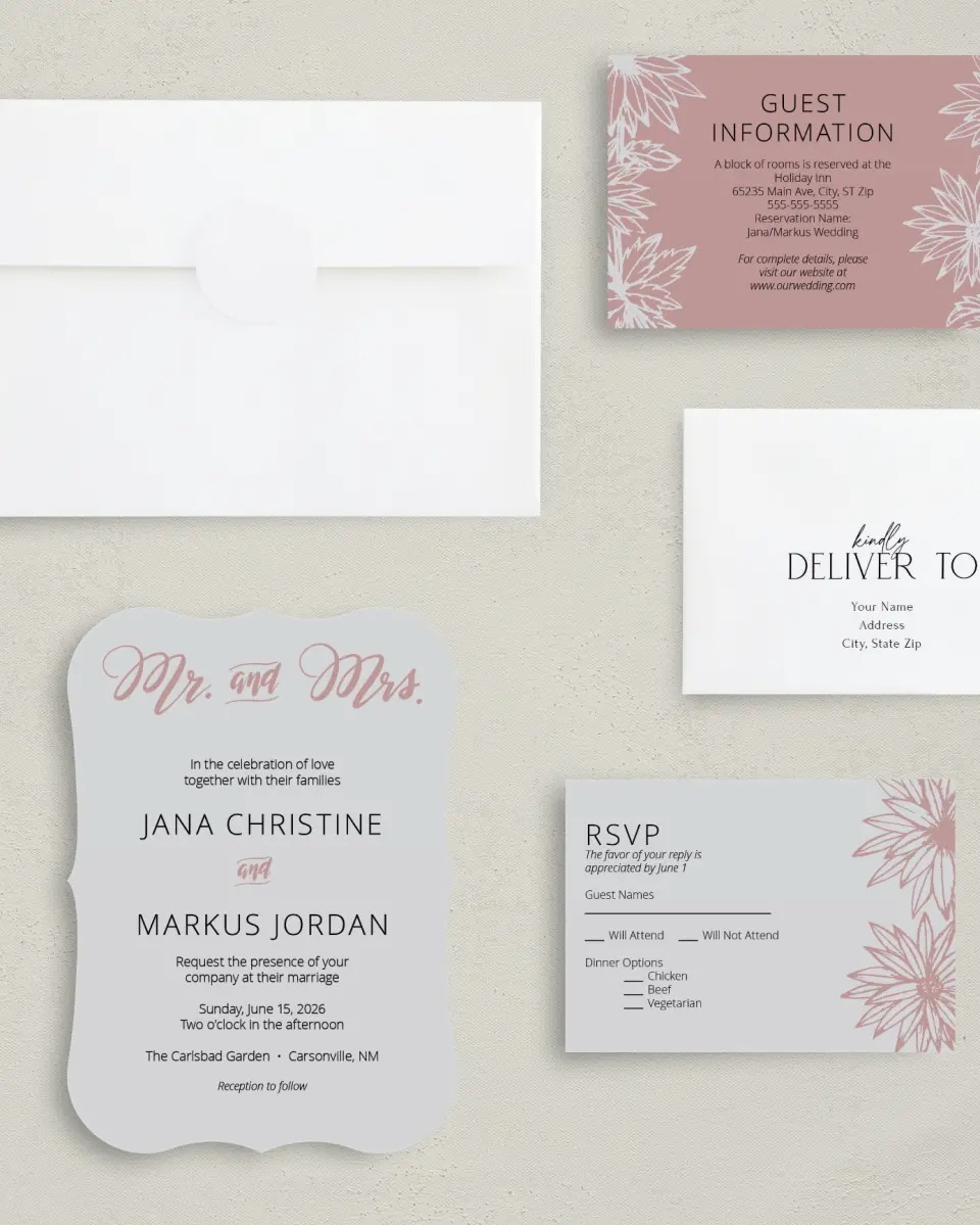 This is a 5" x 7" Bracket Wedding Invitation called Botanical Burst printed in full color with Silver foil on Luxe Satin (coated) paper
