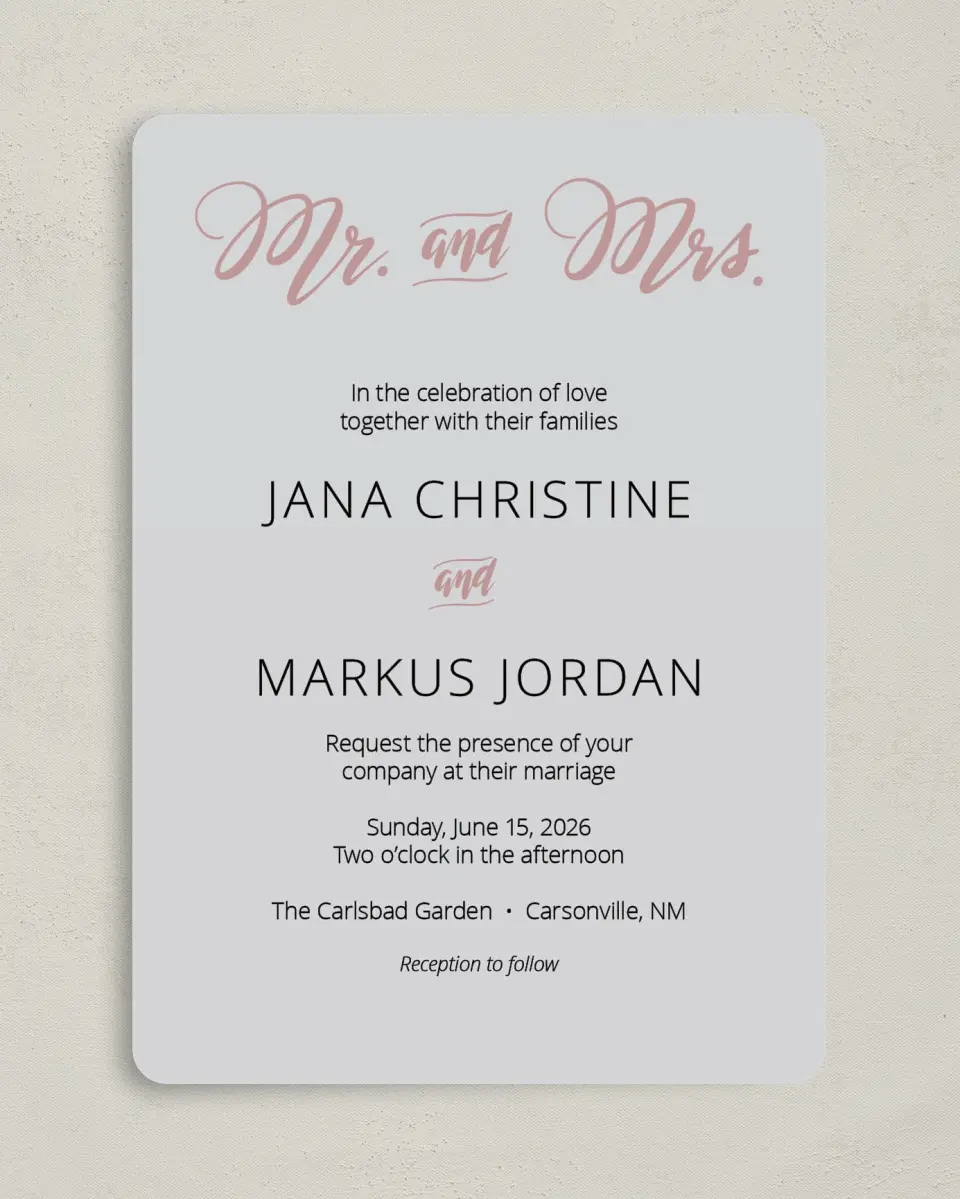 This is a 5" x 7" Rounded Wedding Invitation called Botanical Burst printed in full color on Premium Smooth paper