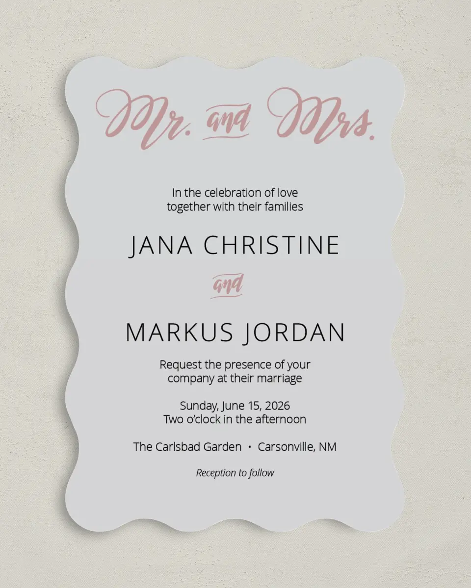 This is a 5" x 7" Wavy Wedding Invitation called Botanical Burst printed in full color on Premium Smooth paper