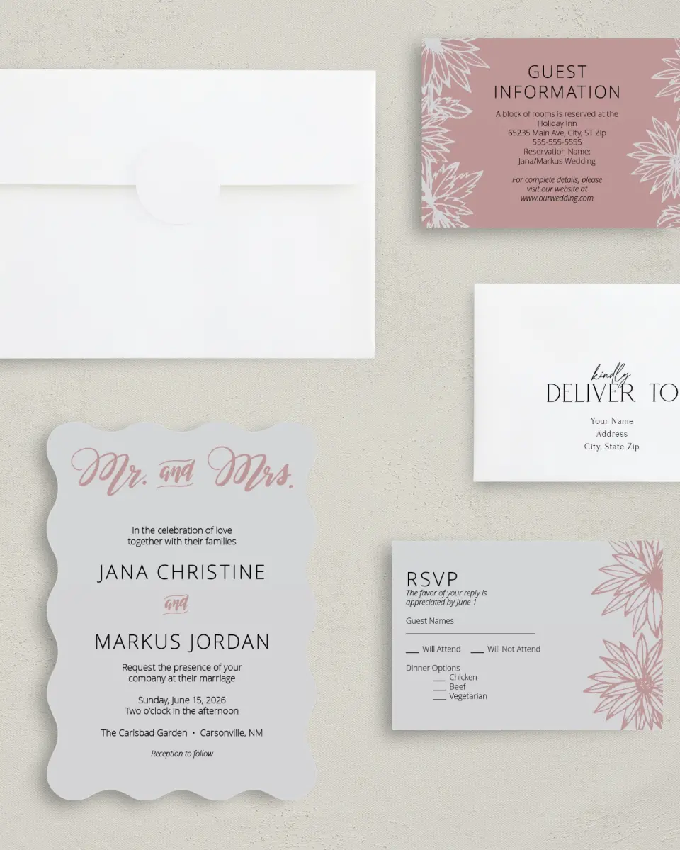 This is a 5" x 7" Wavy Wedding Invitation called Botanical Burst printed in full color with Rose Gold foil on Luxe Satin (coated) paper