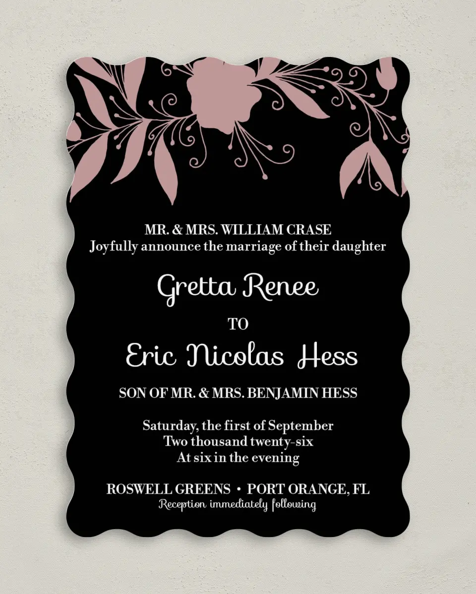 This is a 5" x 7" Wavy Wedding Invitation called Whimsy Wonderland printed in full color on Premium Smooth paper