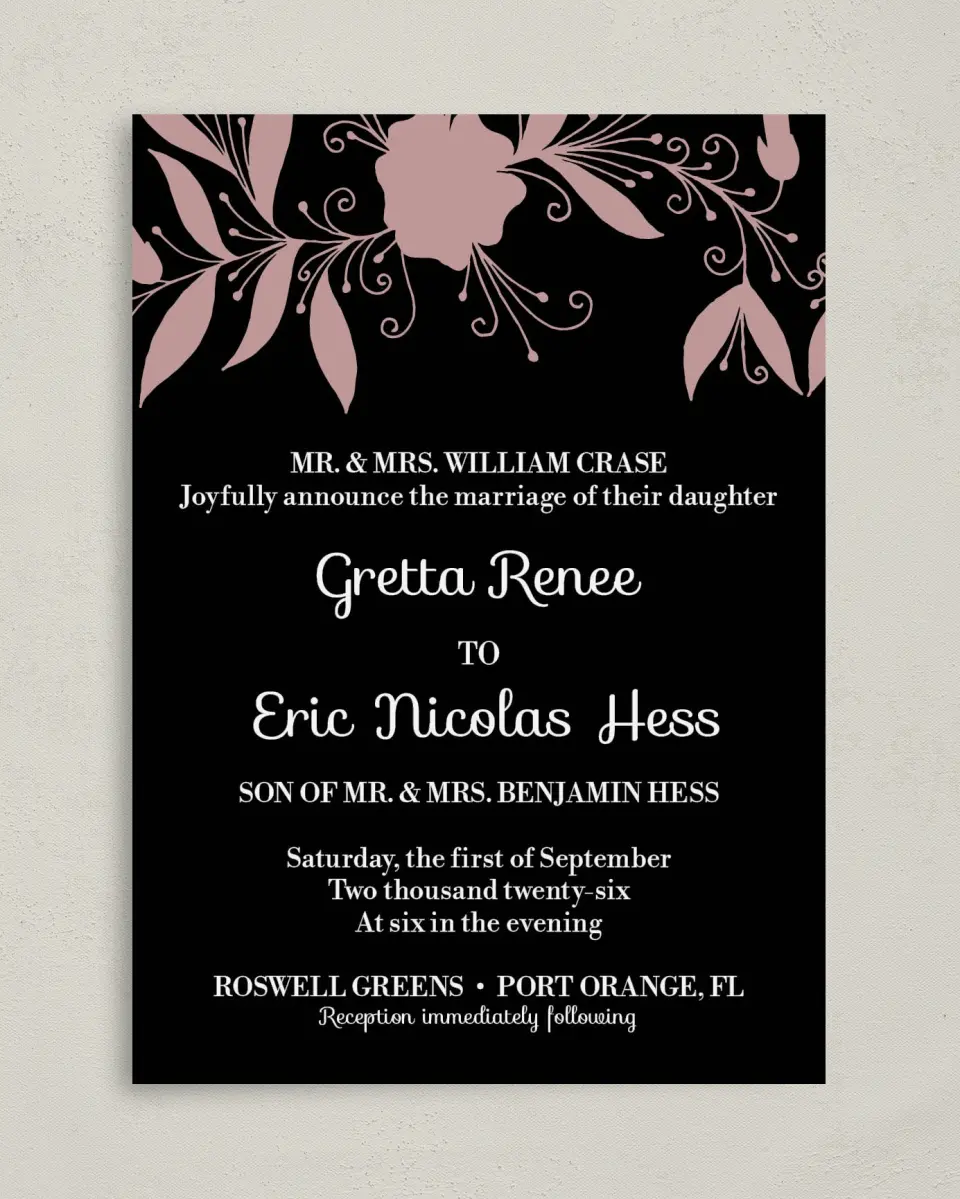 This is a 5" x 7" Classic Wedding Invitation called Whimsy Wonderland printed in full color with Gold foil on Luxe Satin (coated) paper