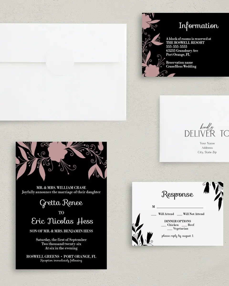 This is a 5" x 7" Classic Wedding Invitation called Whimsy Wonderland printed in full color with Gold foil on Luxe Satin (coated) paper