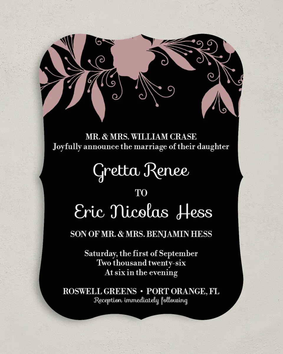 This is a 5" x 7" Bracket Wedding Invitation called Whimsy Wonderland printed in full color with Silver foil on Luxe Satin (coated) paper