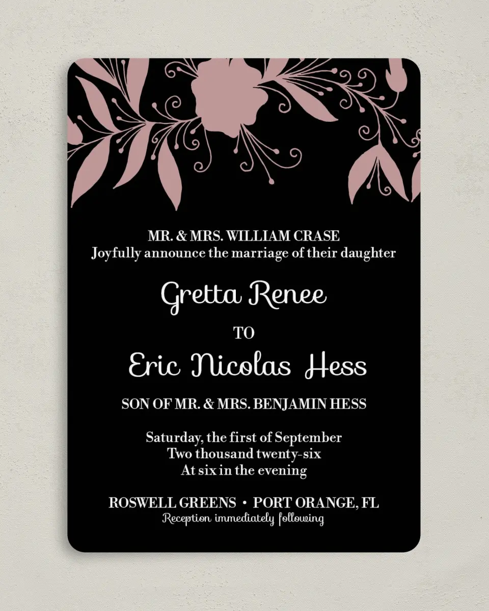 This is a 5" x 7" Rounded Wedding Invitation called Whimsy Wonderland printed in full color with Gold foil on Luxe Satin (coated) paper