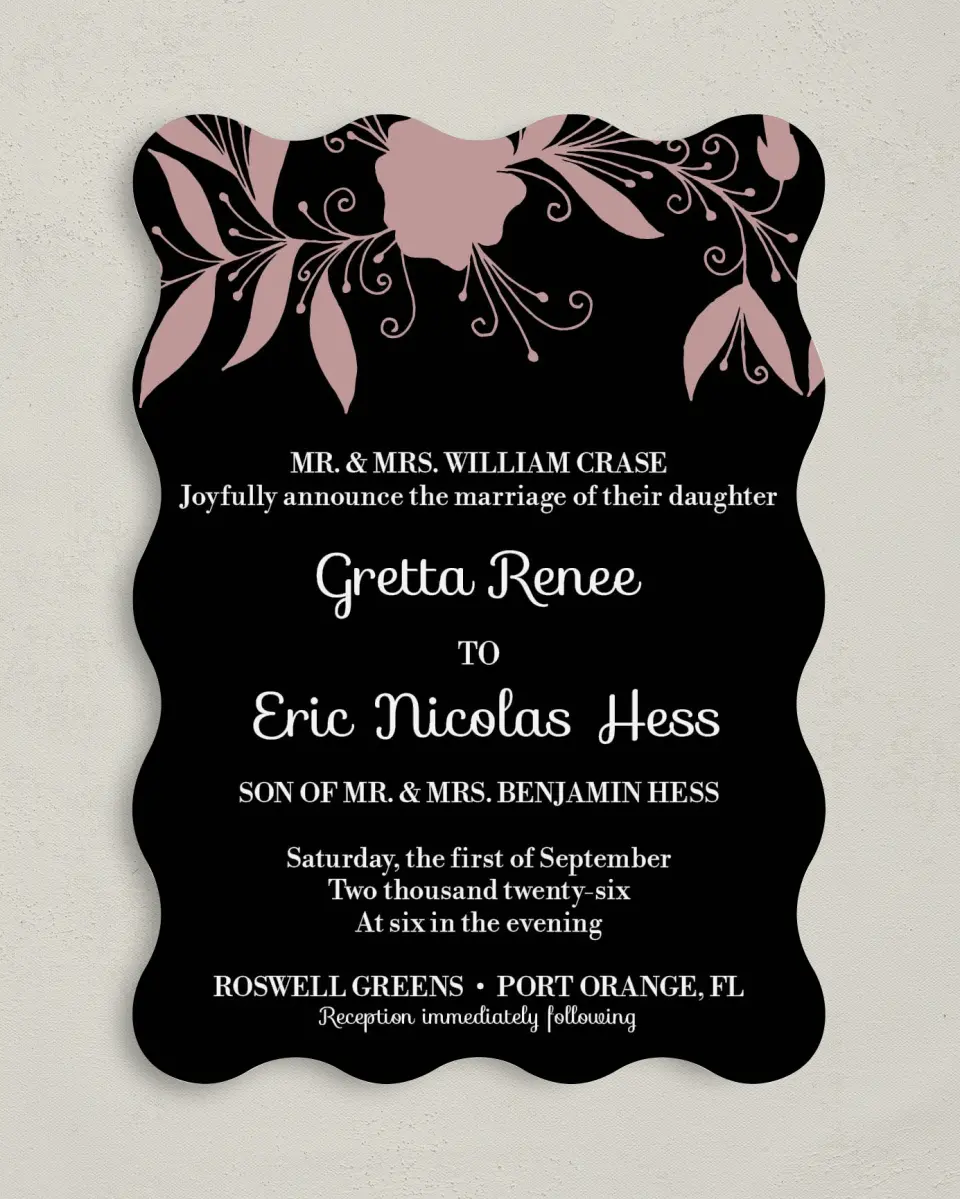 This is a 5" x 7" Wavy Wedding Invitation called Whimsy Wonderland printed in full color on Premium Smooth paper