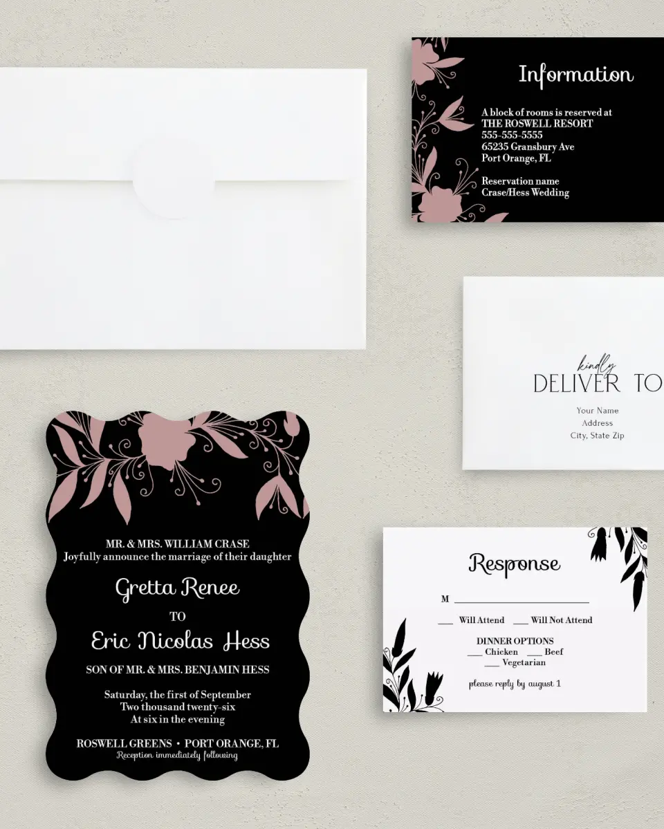 This is a 5" x 7" Wavy Wedding Invitation called Whimsy Wonderland printed in full color with Silver foil on Luxe Satin (coated) paper