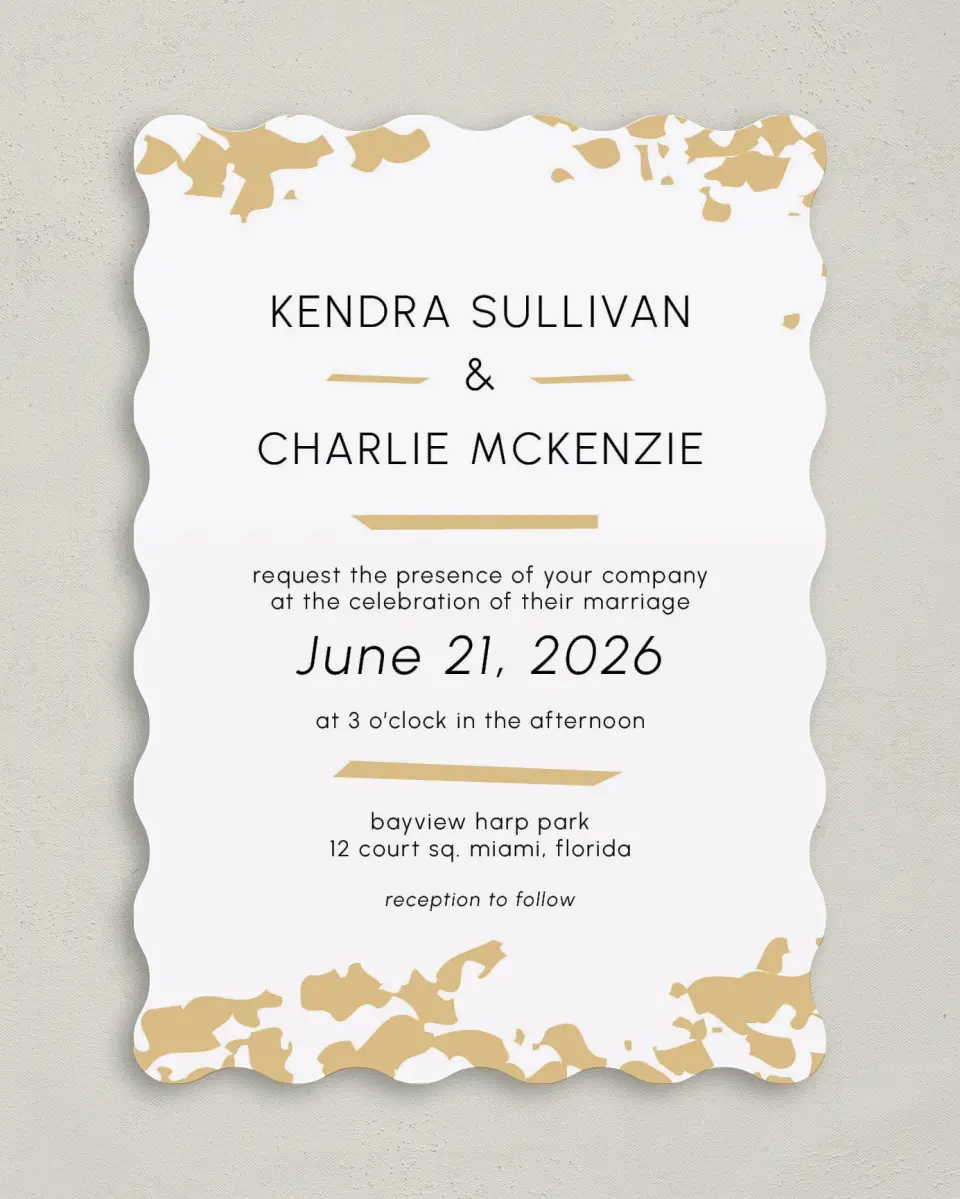 This is a 5" x 7" Wavy Wedding Invitation called Inkblot Shine printed in full color on Premium Smooth paper