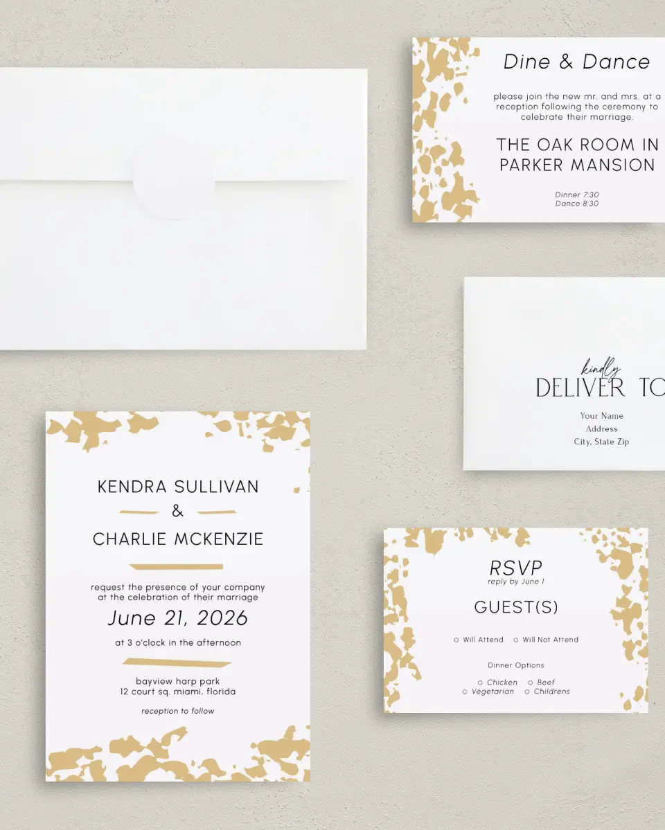 This is a 5" x 7" Classic Wedding Invitation called Inkblot Shine printed in full color with Gold foil on Luxe Satin (coated) paper