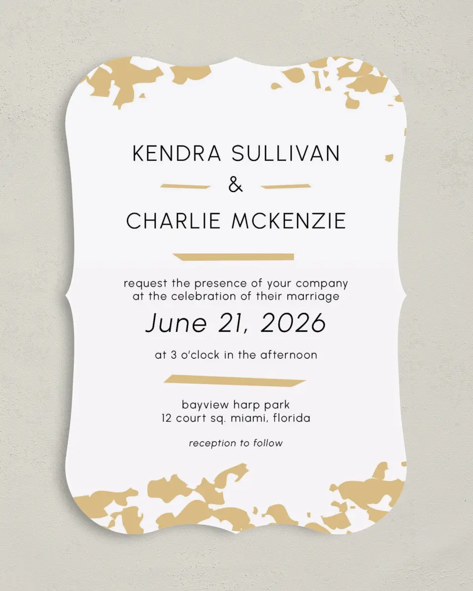 This is a 5" x 7" Bracket Wedding Invitation called Inkblot Shine printed in full color with Silver foil on Luxe Satin (coated) paper