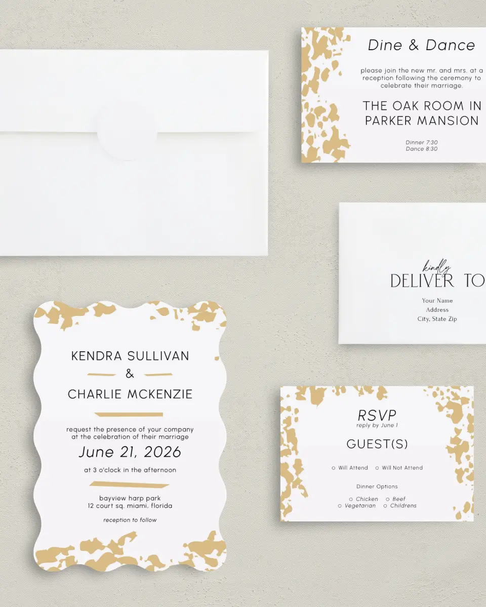 This is a 5" x 7" Wavy Wedding Invitation called Inkblot Shine printed in full color with Silver foil on Luxe Satin (coated) paper