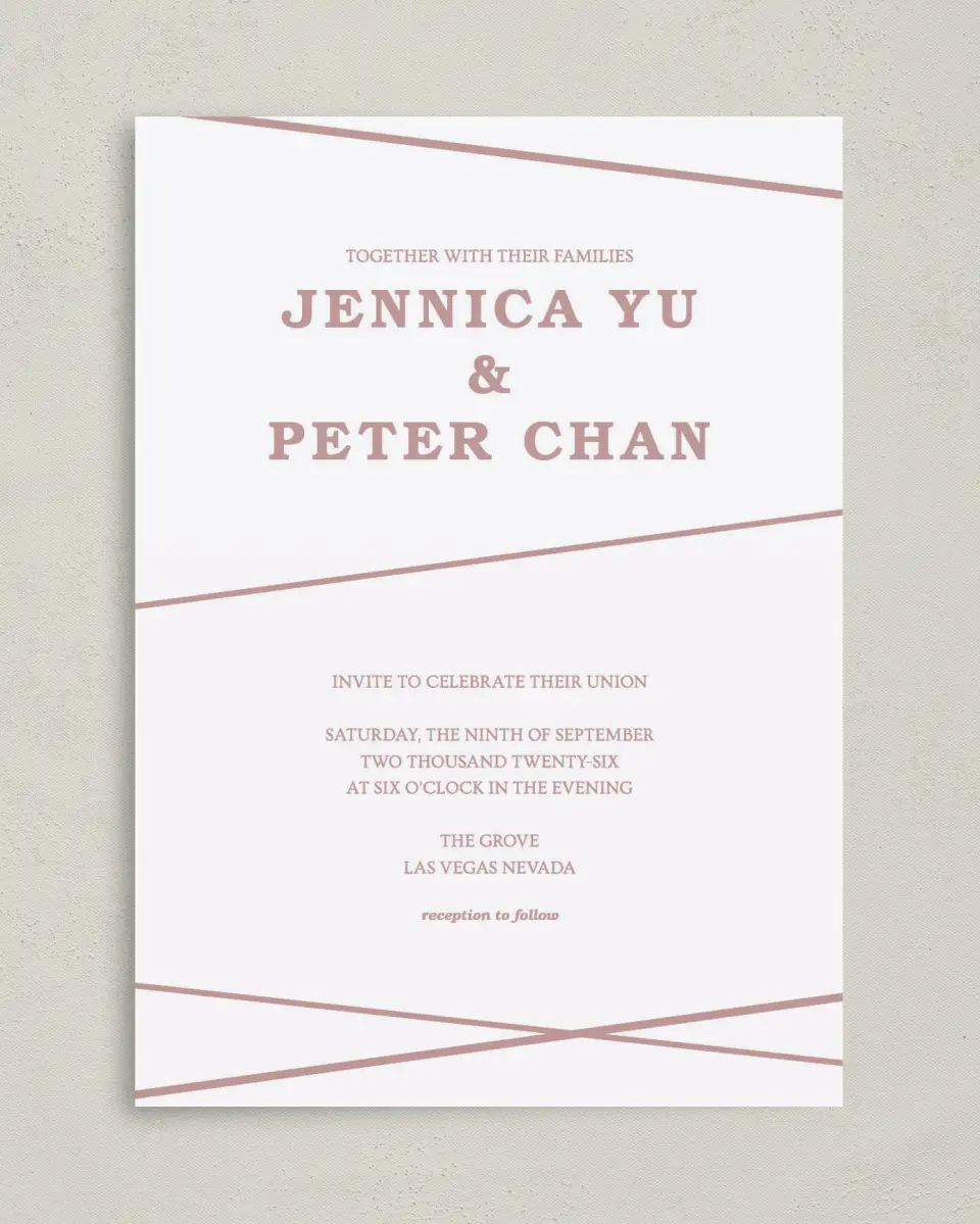 This is a 5" x 7" Classic Wedding Invitation called Gilded Affair printed in full color with Gold foil on Luxe Satin (coated) paper