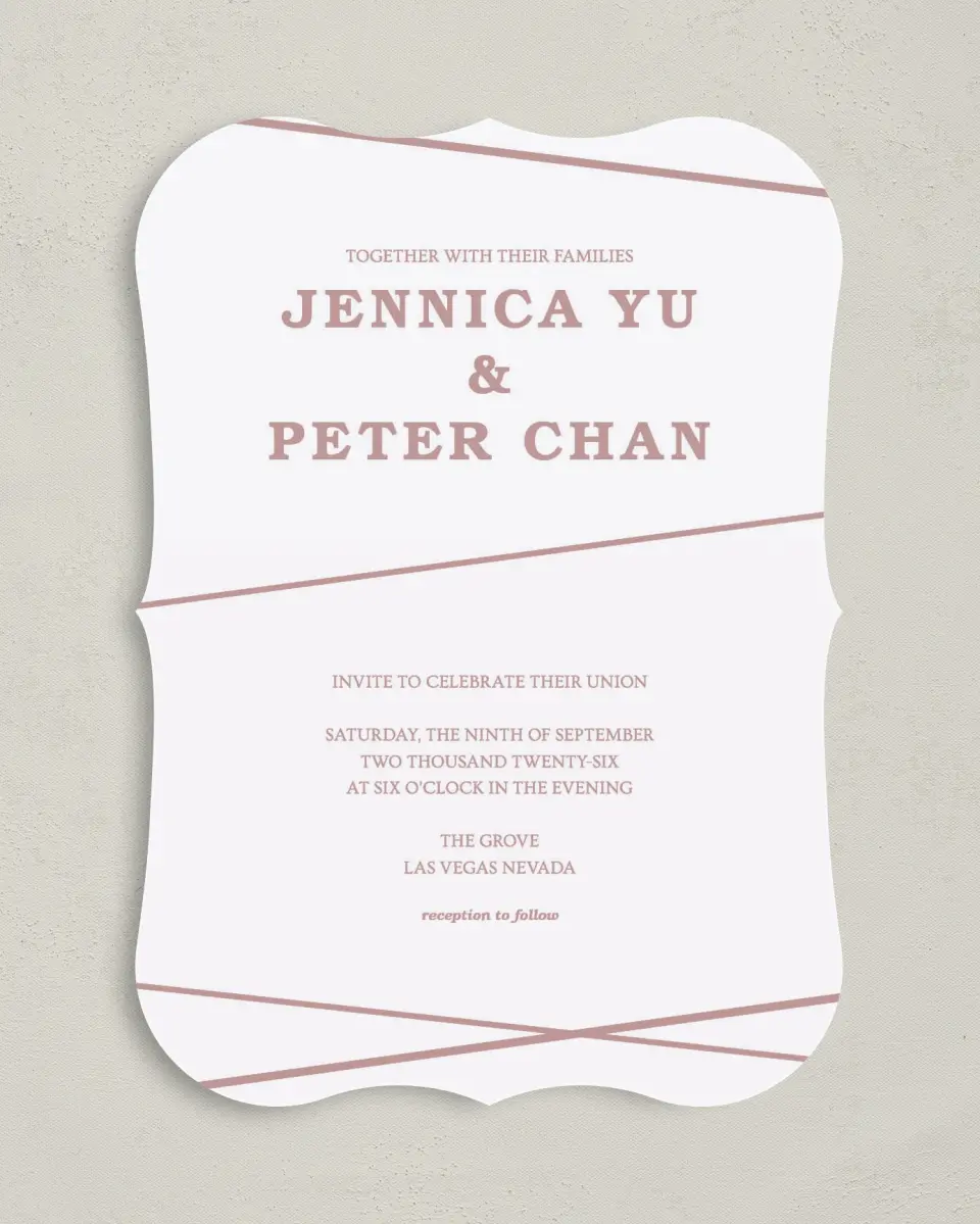 This is a 5" x 7" Bracket Wedding Invitation called Gilded Affair printed in full color with Silver foil on Luxe Satin (coated) paper