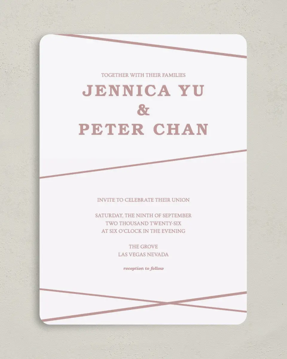 This is a 5" x 7" Rounded Wedding Invitation called Gilded Affair printed in full color on Premium Smooth paper