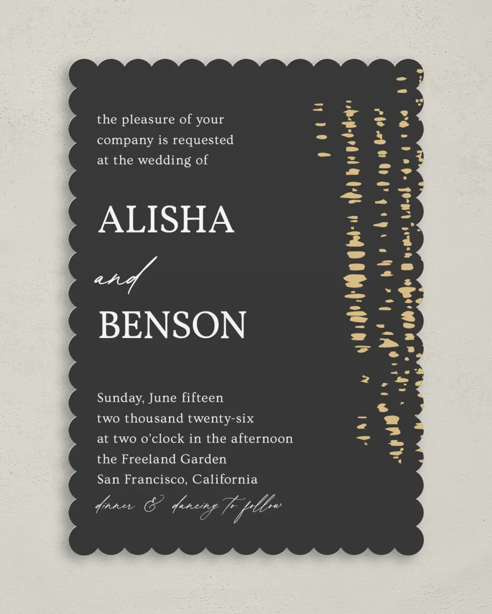 This is a 5" x 7" Classic Wedding Invitation called Cascading Flecks printed in full color on Premium Smooth paper