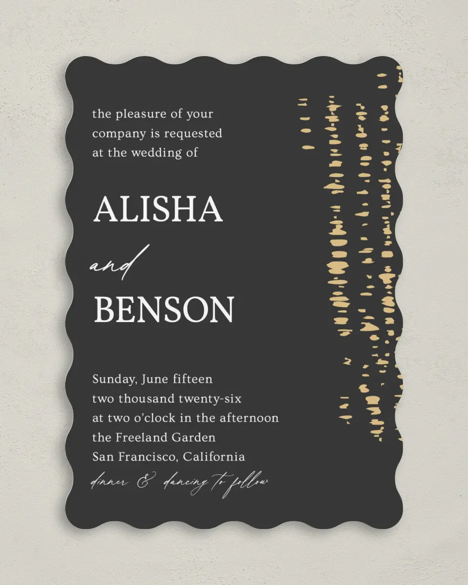 This is a 5" x 7" Wavy Wedding Invitation called Cascading Flecks printed in full color on Premium Smooth paper