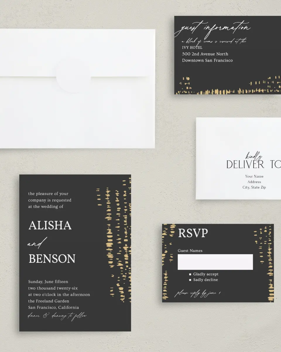 This is a 5" x 7" Classic Wedding Invitation called Cascading Flecks printed in full color with Gold foil on Luxe Satin (coated) paper