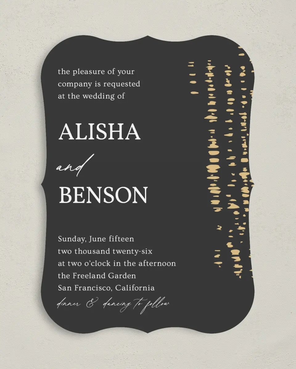 This is a 5" x 7" Bracket Wedding Invitation called Cascading Flecks printed in full color with Silver foil on Luxe Satin (coated) paper