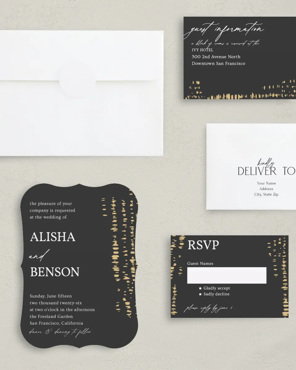 This is a 5" x 7" Bracket Wedding Invitation called Cascading Flecks printed in full color with Silver foil on Luxe Satin (coated) paper