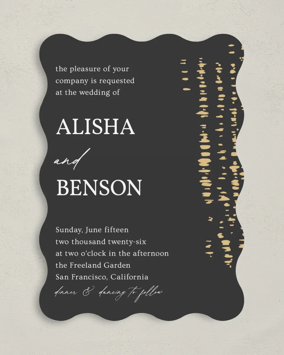 This is a 5" x 7" Wavy Wedding Invitation called Cascading Flecks printed in full color on Premium Smooth paper