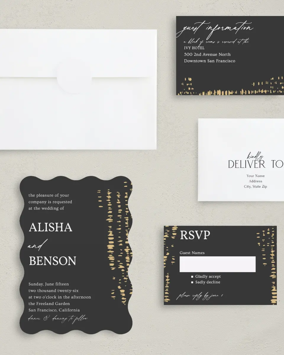 This is a 5" x 7" Wavy Wedding Invitation called Cascading Flecks printed in full color with Silver foil on Luxe Satin (coated) paper