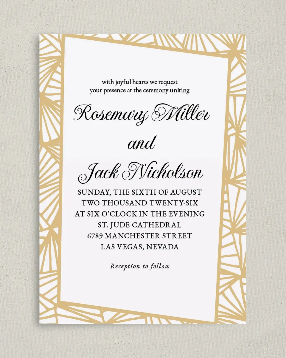 This is a 5" x 7" Classic Wedding Invitation called Devoted Deco printed in full color on Premium Smooth paper
